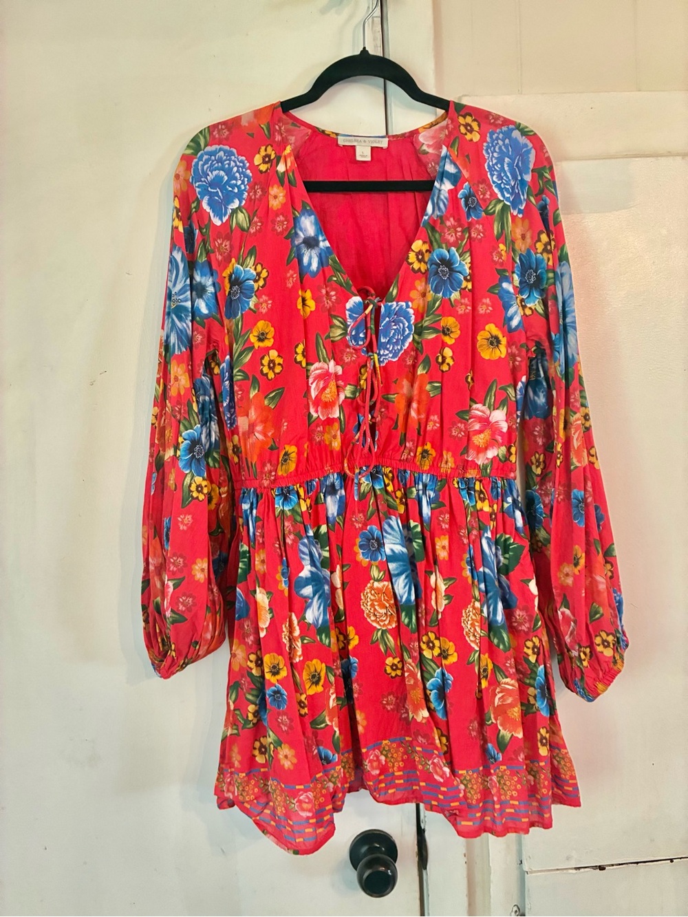 Chelsea & Violet Coral Floral Long Sleeve Tie-Front Tunic Dress